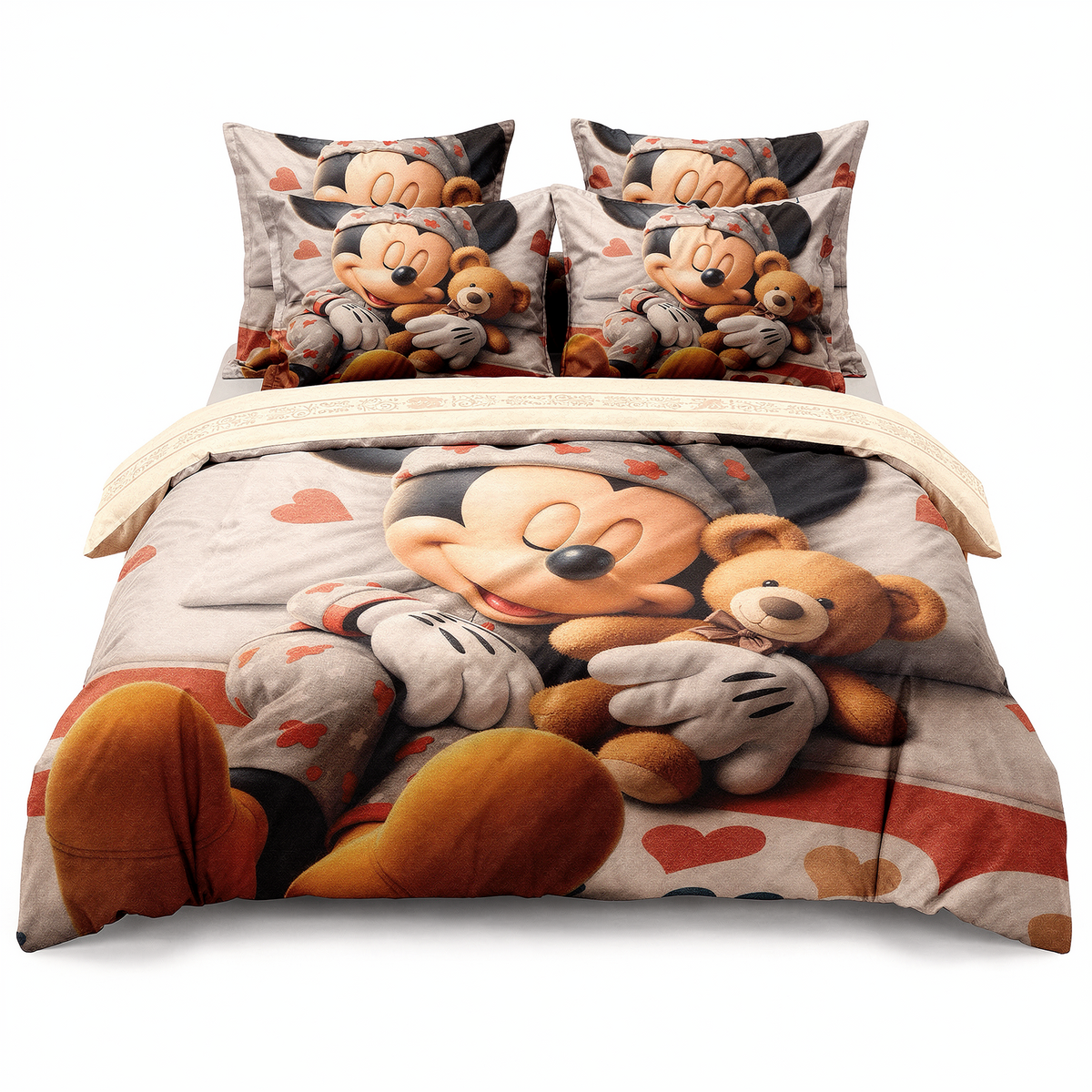 Lenjerie de pat 3D în bej cu Mickey Mouse — vedere din față
