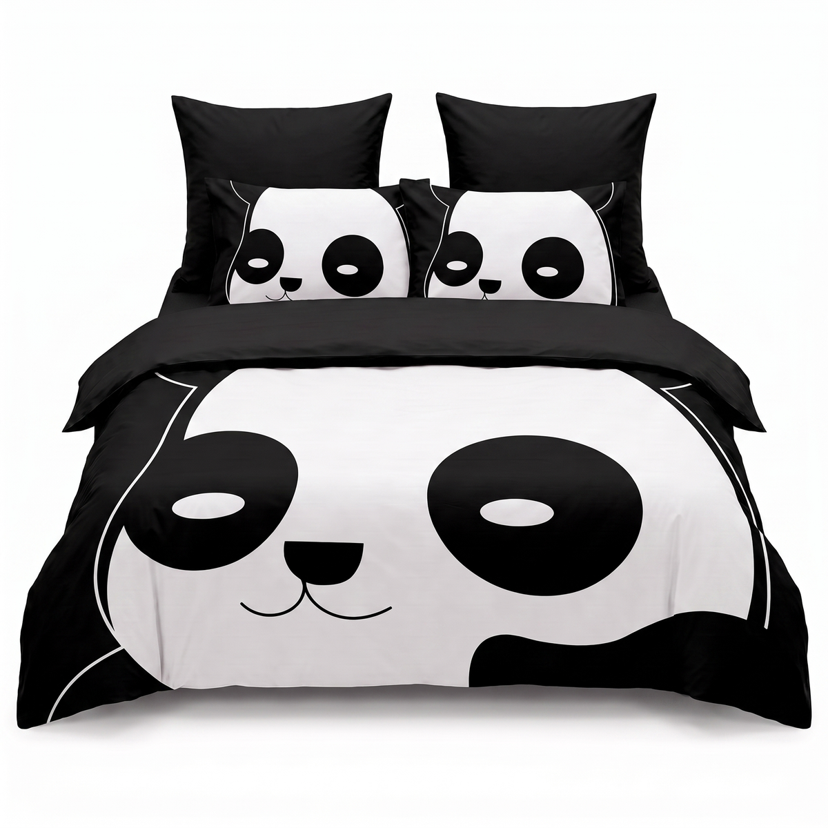 Lenjerie de pat 3D în negru cu panda — vedere din față