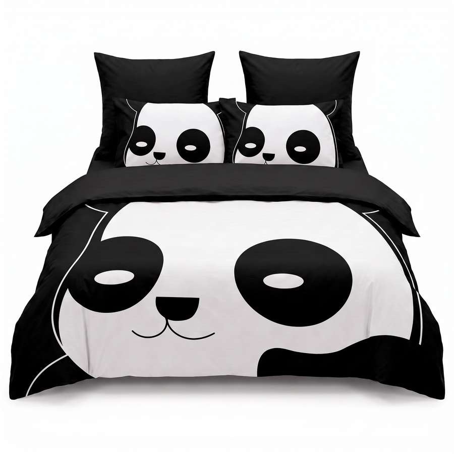 Lenjerie de pat 3D în negru cu panda — vedere din față