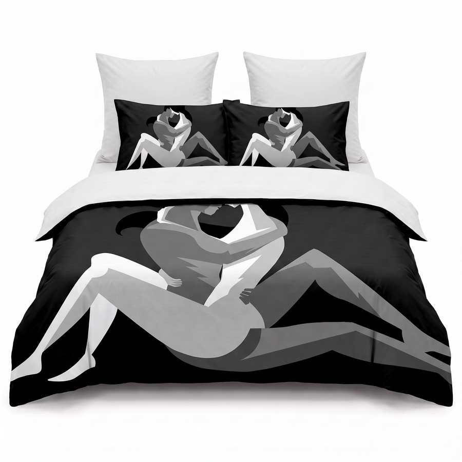 Lenjerie de pat 3D în negru și alb cu model romantic — vedere din față