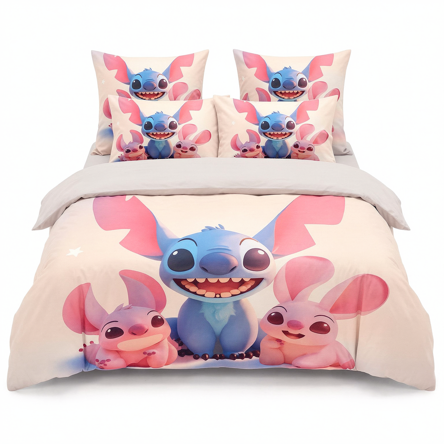 Lenjerie de pat 3D în roz cu Stitch — vedere din față