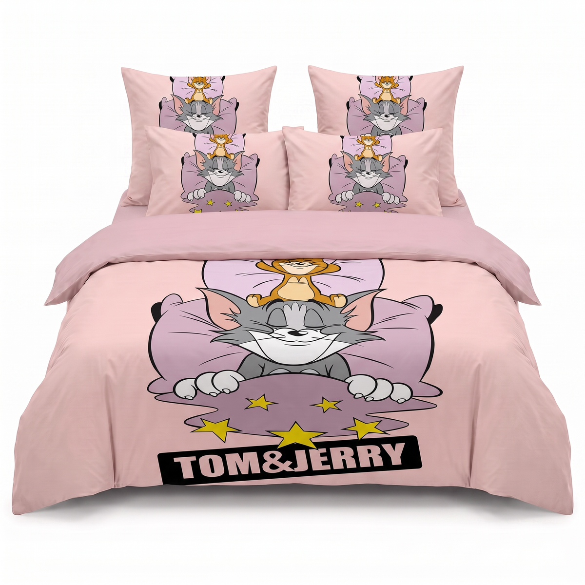 Lenjerie de pat 3D în roz cu Tom și Jerry — vedere din față