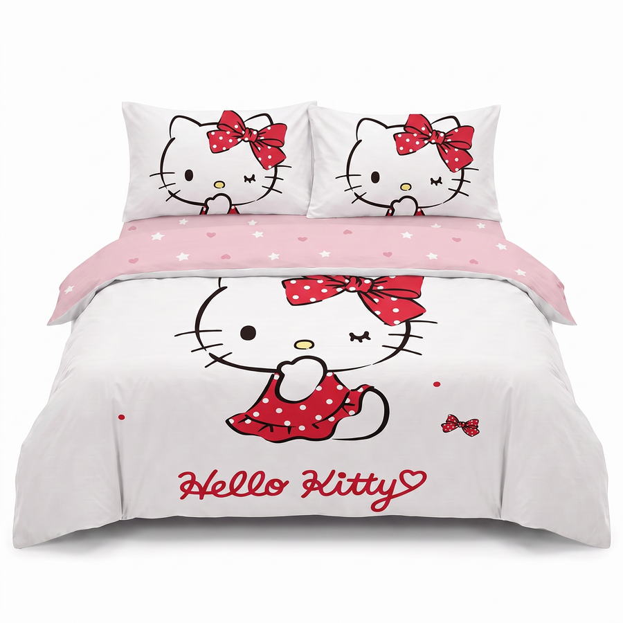 Lenjerie de pat 3D pentru o persoană, în alb cu Hello Kitty — vedere din față