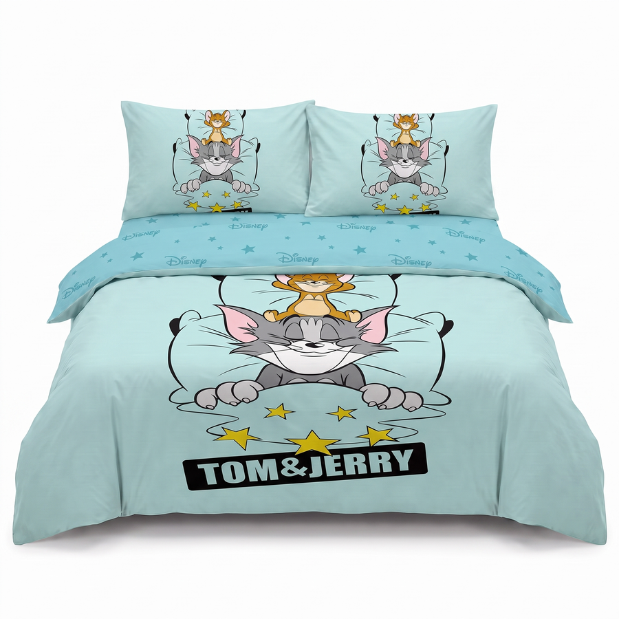 Lenjerie de pat 3D pentru o persoană, în albastru cu Tom și Jerry — vedere din față