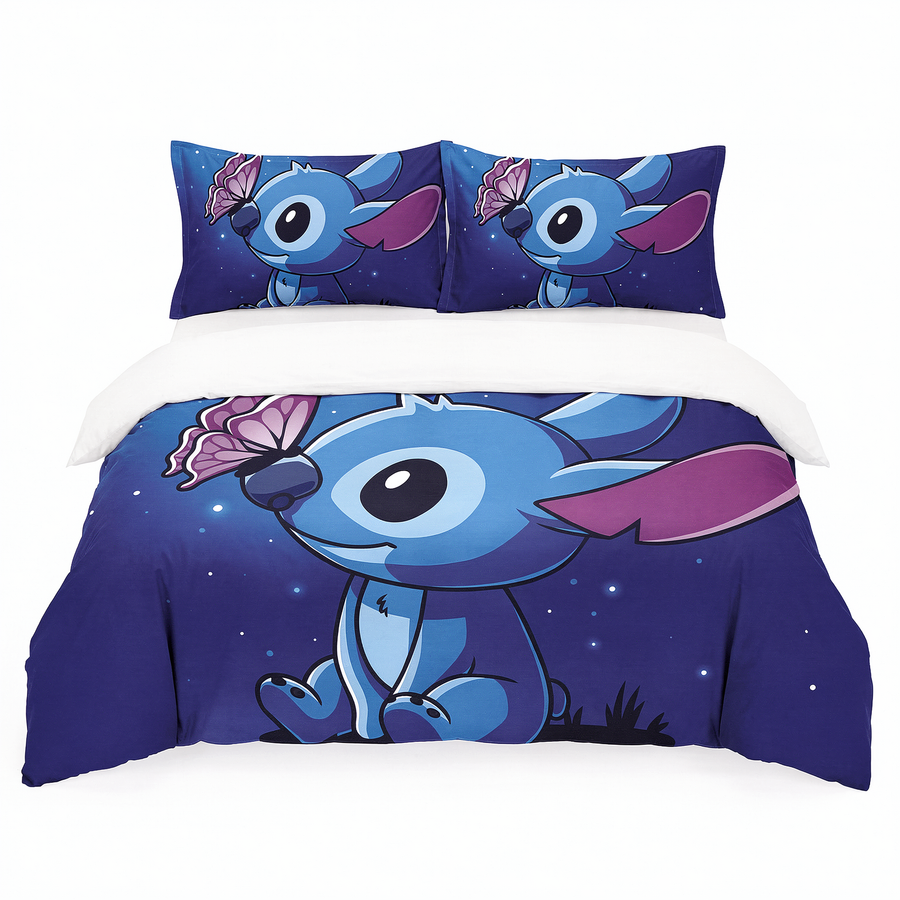 Lenjerie de pat 3D pentru o persoană, în albastru închis cu Stitch și fluture — vedere din față
