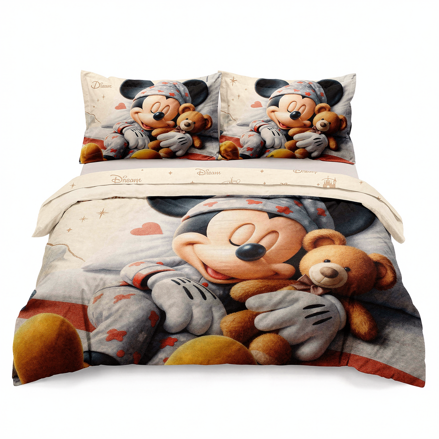 Lenjerie de pat 3D pentru o persoană, în bej cu Mickey Mouse — vedere din față