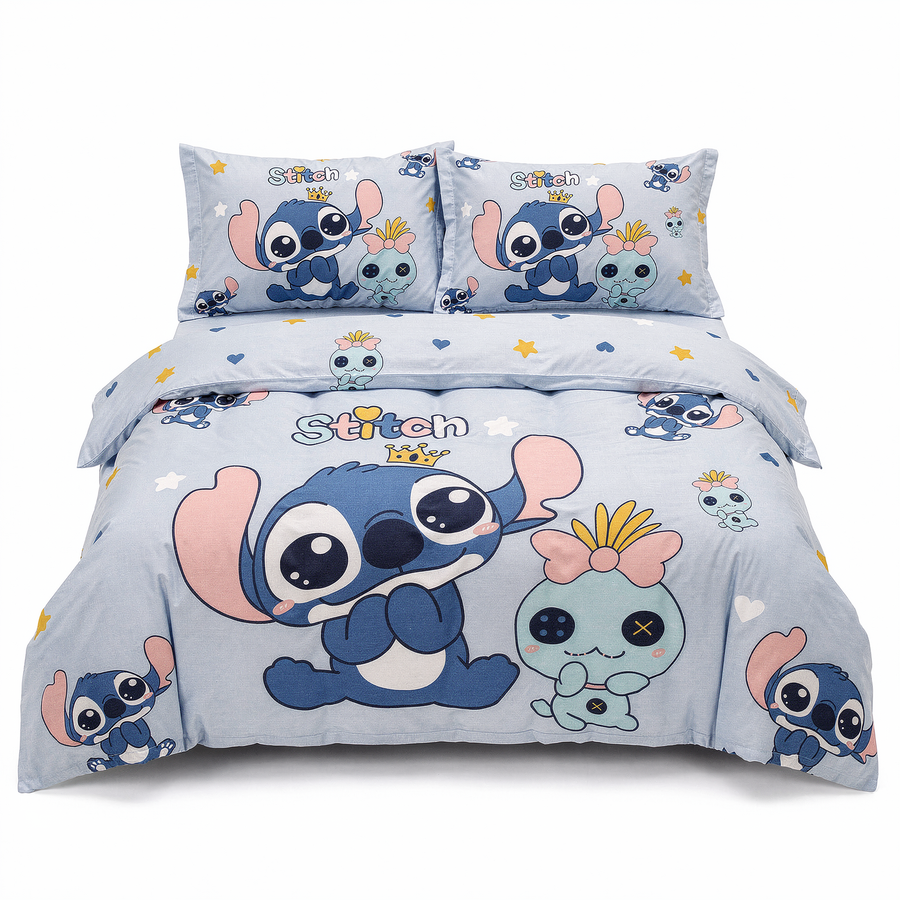 Lenjerie de pat 3D pentru o persoană, în bleu cu Stitch — vedere din față