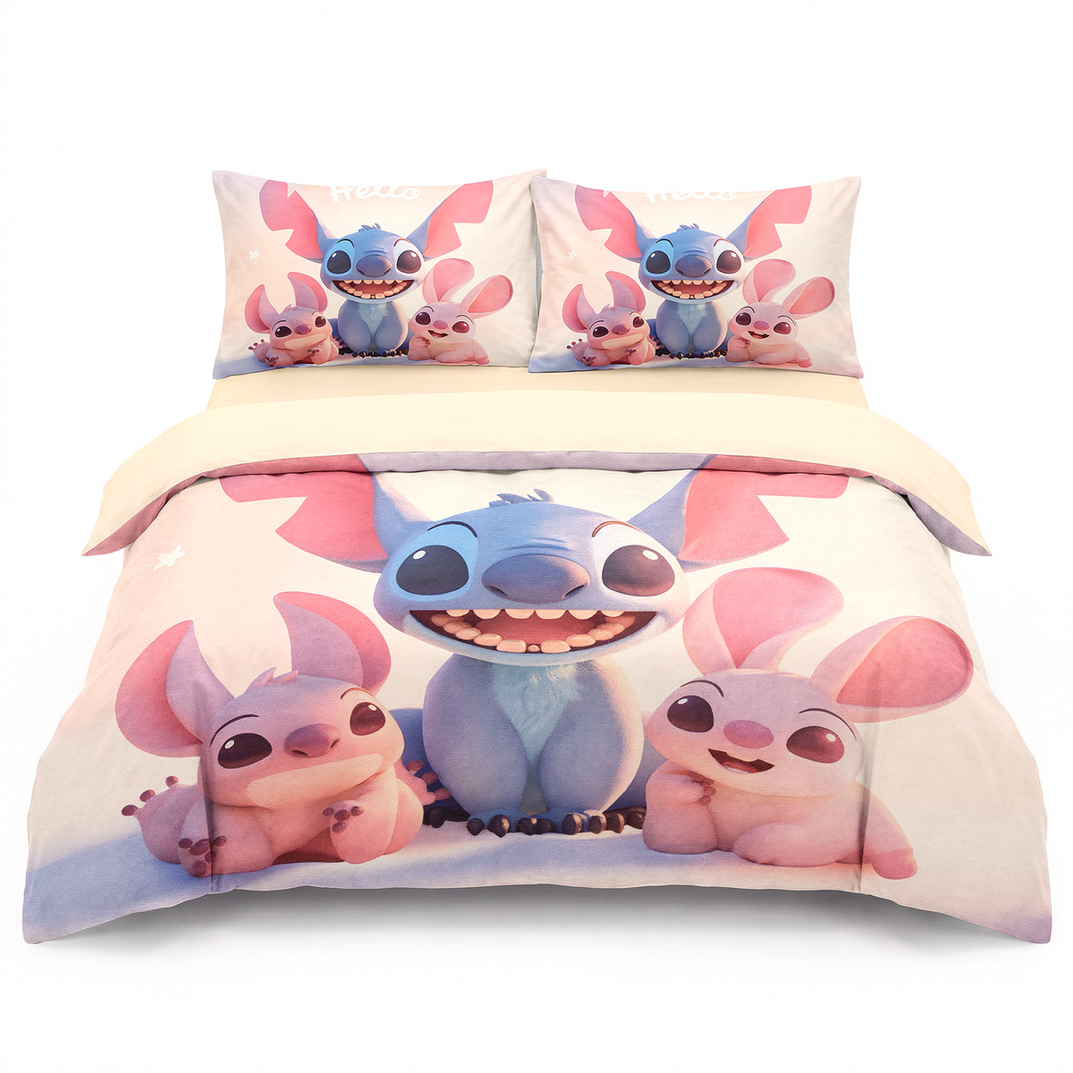 Lenjerie de pat 3D pentru o persoană, în roz cu Stitch — vedere din față