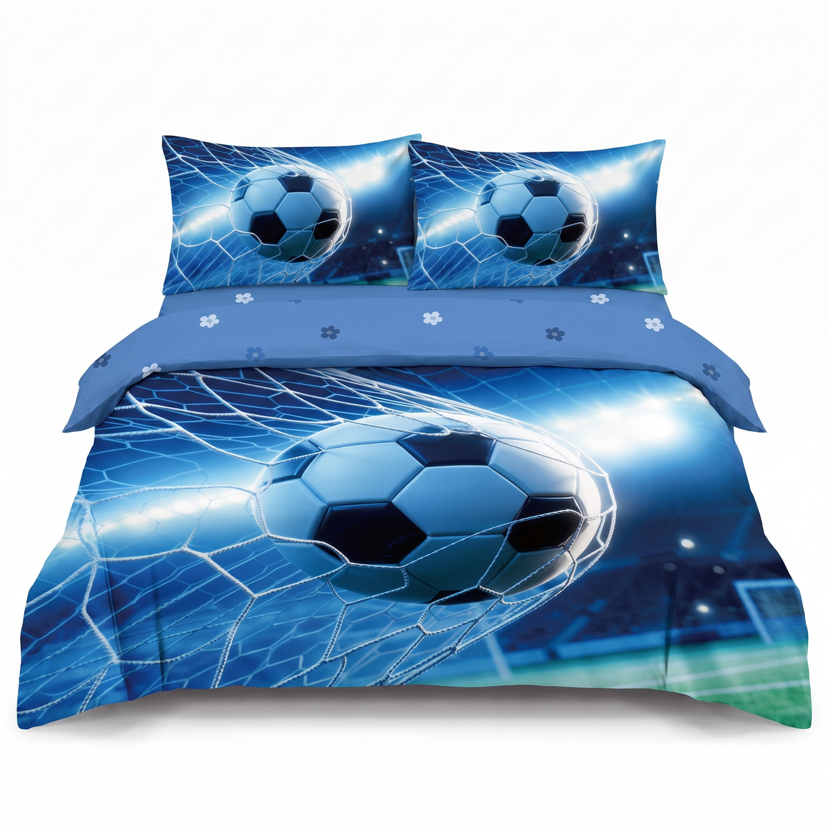 Lenjerie de pat 5D, 4 piese, cu elastic — Albastru cu model fotbal — vedere din față