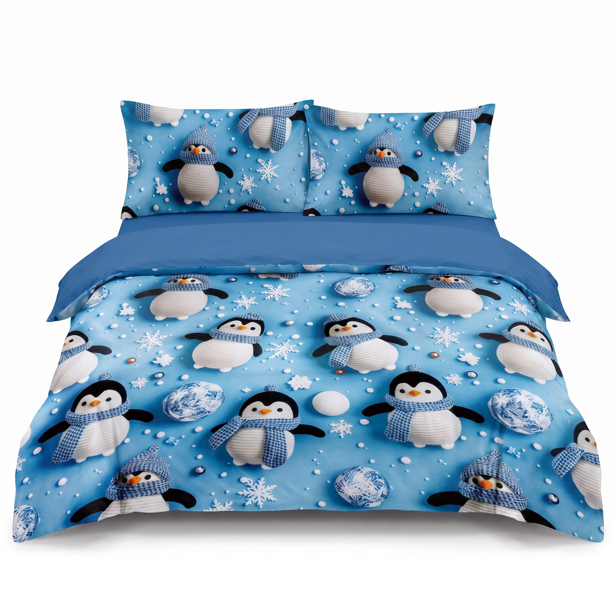 Lenjerie de pat 5D, 4 piese, cu elastic — Albastru cu pinguini — vedere din față