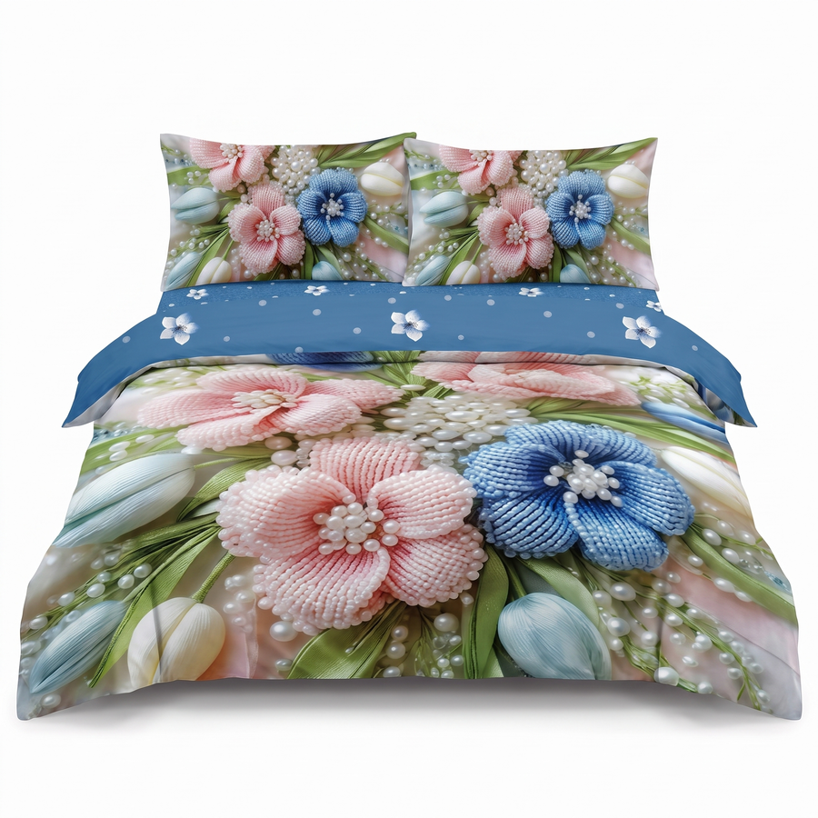 Lenjerie de pat 5D, 4 piese, cu elastic — Albastru și verde cu floricele — vedere din față