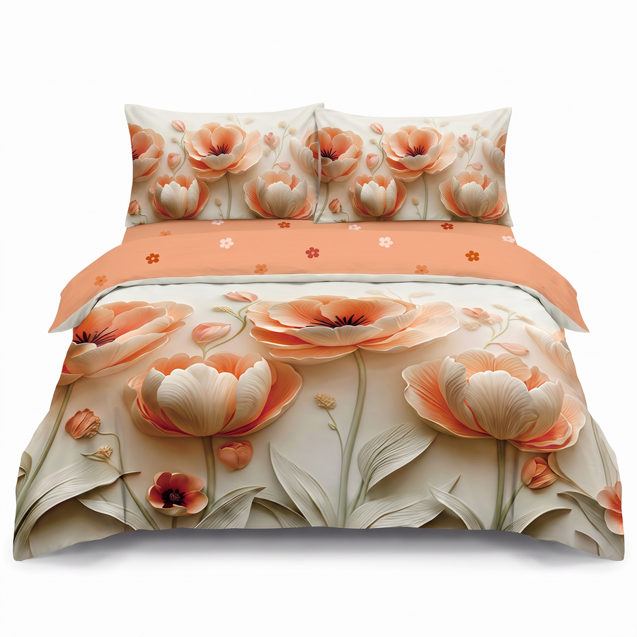 Lenjerie de pat 5D, 4 piese, cu elastic — Piersică cu floricele — vedere din față