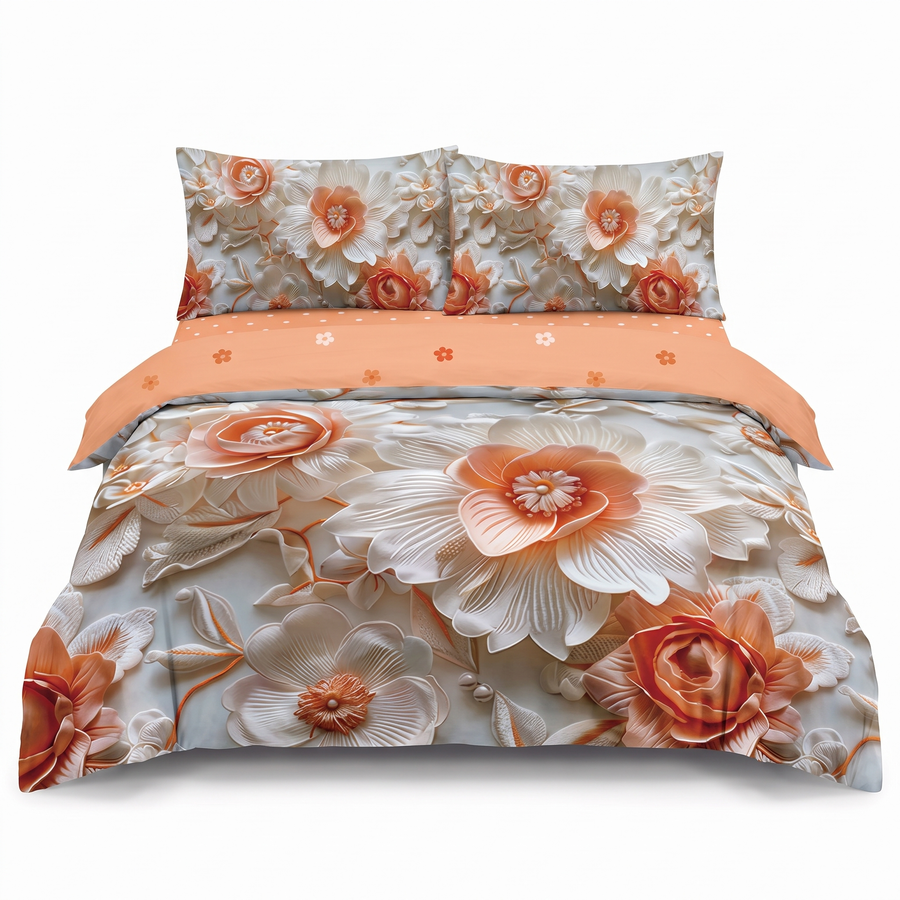 Lenjerie de pat 5D, 4 piese, cu elastic — Piersică cu model floral — vedere din față