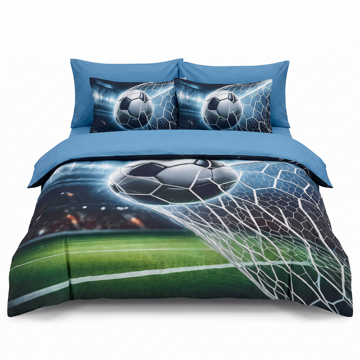 Lenjerie de pat 5D, 6 piese, cu elastic — Albastru și verde cu model fotbal — vedere din față
