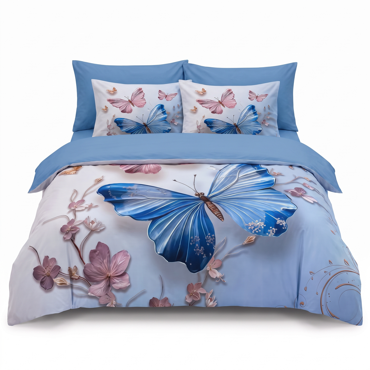 Lenjerie de pat 5D, 6 piese, cu elastic — Bleu cu fluturi — vedere din față
