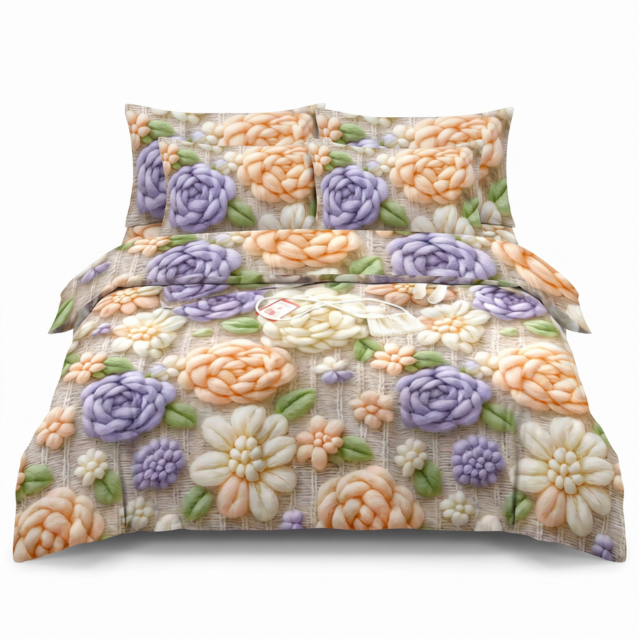 Lenjerie de pat 5D, 6 piese, cu elastic — Crem cu model floral — vedere din față