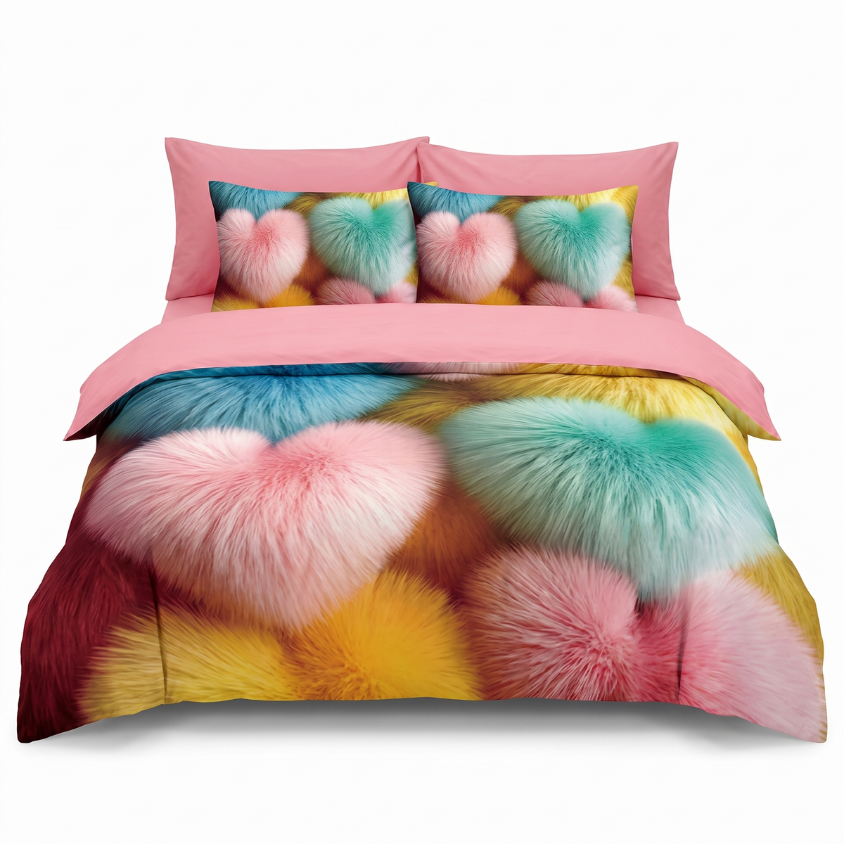 Lenjerie de pat 5D, 6 piese, cu elastic — Multicolor cu inimioare — vedere din față