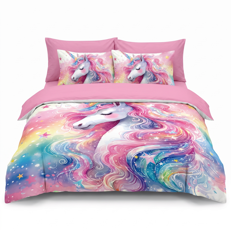 Lenjerie de pat 5D, 6 piese, cu elastic — Roz cu unicorn — vedere din față