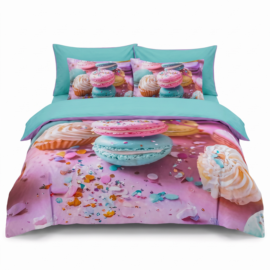 Lenjerie de pat 5D, 6 piese, cu elastic — Turcoaz cu macarons franțuzești — vedere din față