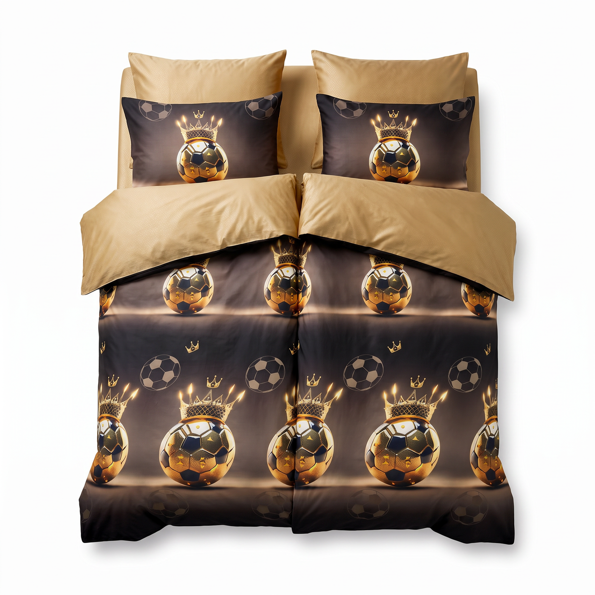 Lenjerie de pat cu 2 fețe de pilotă în maro cu mingi de fotbal — vedere din față