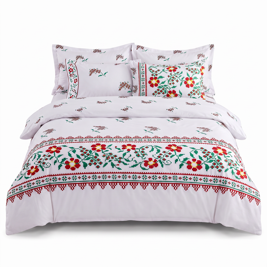 Lenjerie de pat cu elastic, în alb cu broderii florale tradiționale — vedere din față