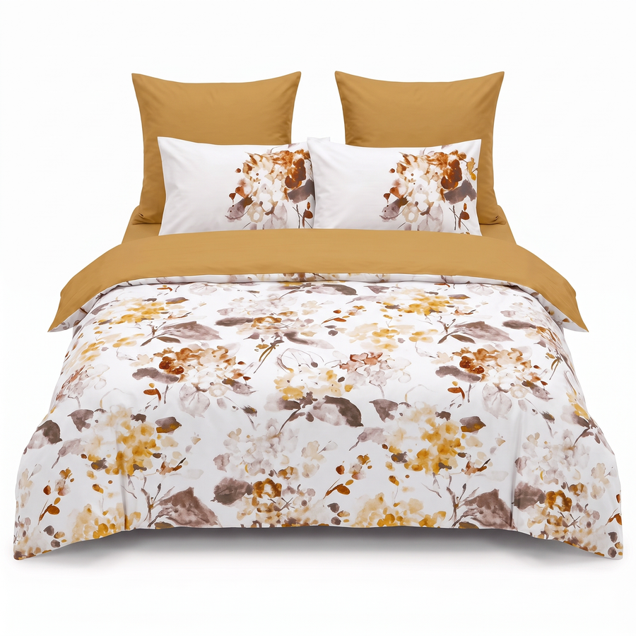 Lenjerie de pat cu elastic în alb și maro cu flori — vedere din față