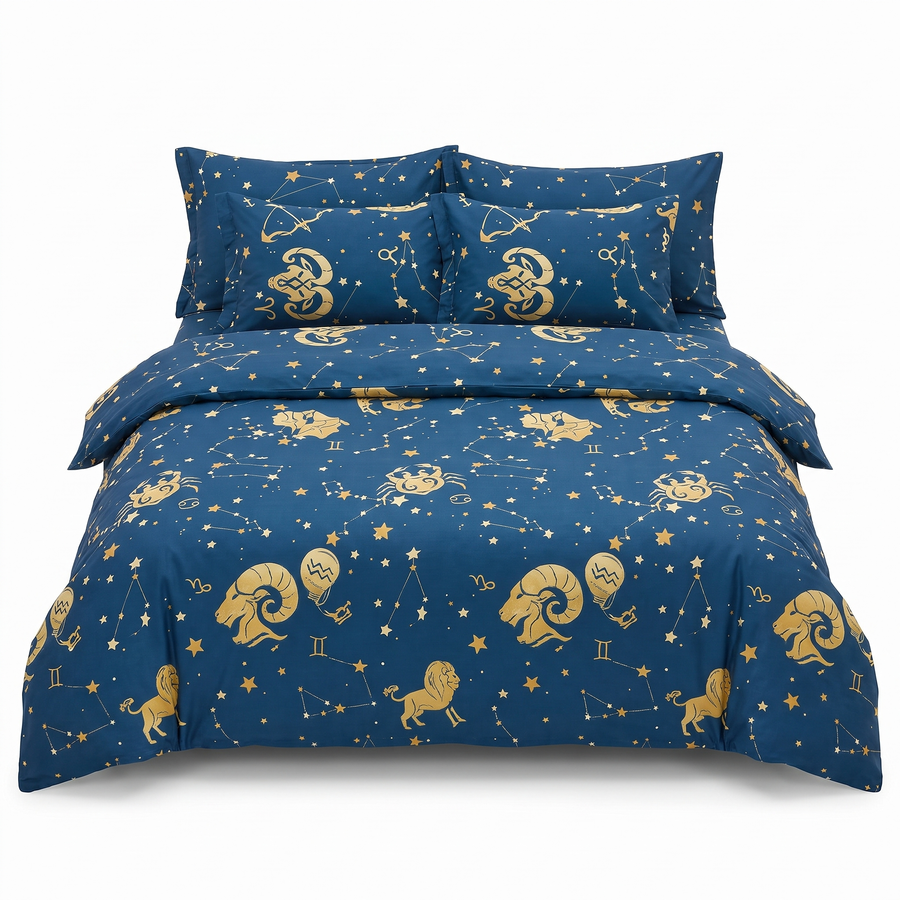 Lenjerie de pat cu elastic în albastru cu semne zodiacale și stele — vedere din față