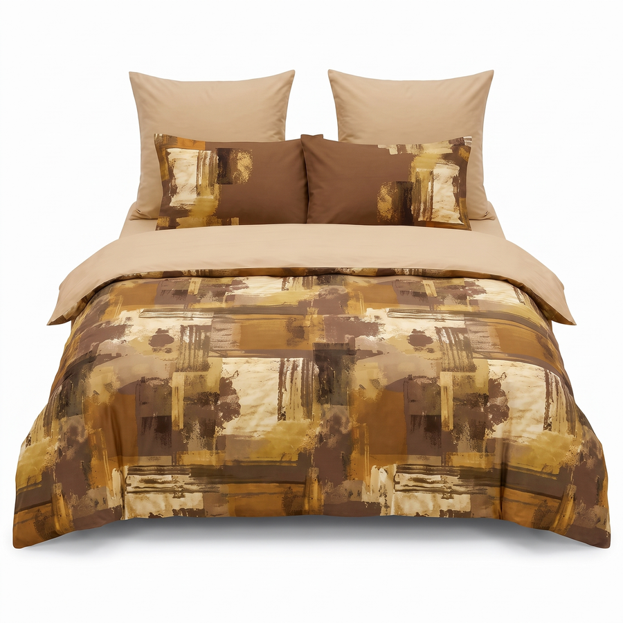 Lenjerie de pat cu elastic în bej și maro cu model abstract — vedere din față