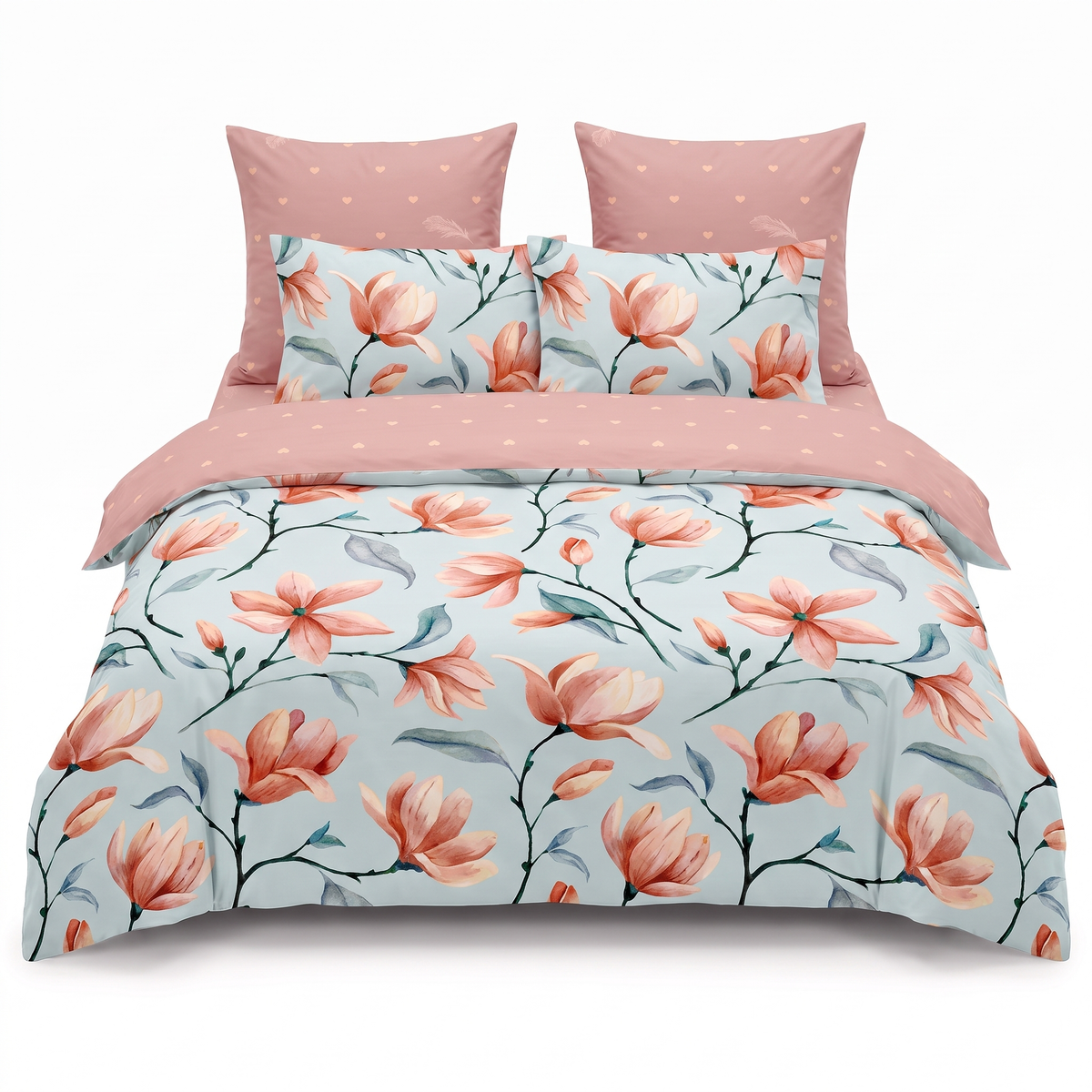 Lenjerie de pat cu elastic în bleu și roz cu model floral — vedere din față