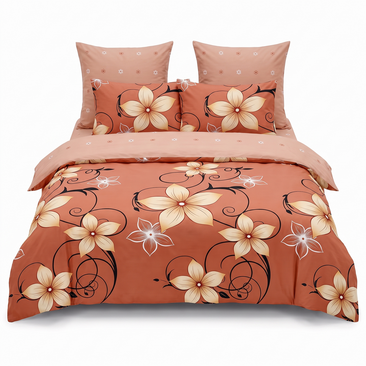 Lenjerie de pat cu elastic în portocaliu cu model floral — vedere din față