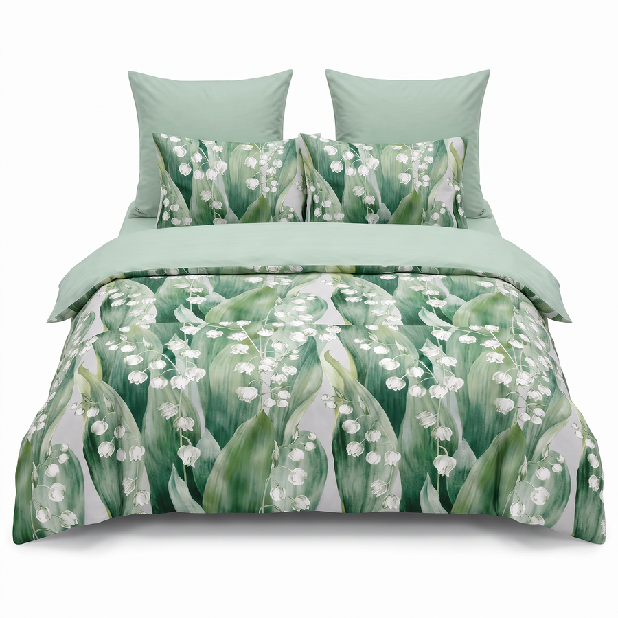 Lenjerie de pat cu elastic în verde cu model floral — vedere din față