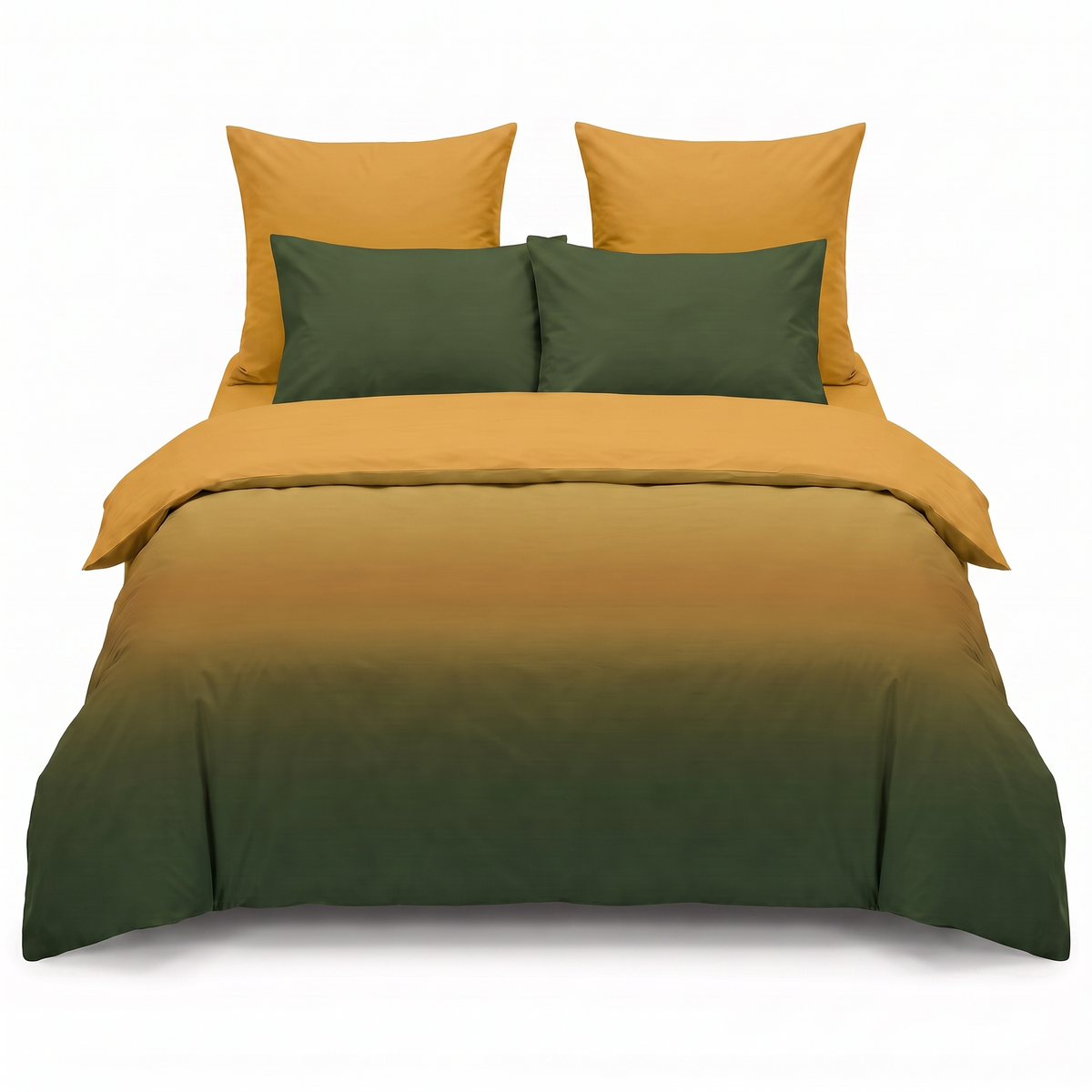 Lenjerie de pat cu elastic în verde închis și portocaliu cu efect ombré — vedere din față