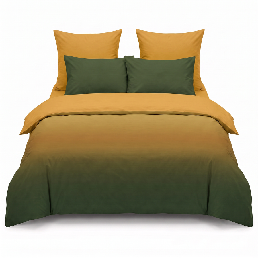 Lenjerie de pat cu elastic în verde închis și portocaliu cu efect ombré — vedere din față