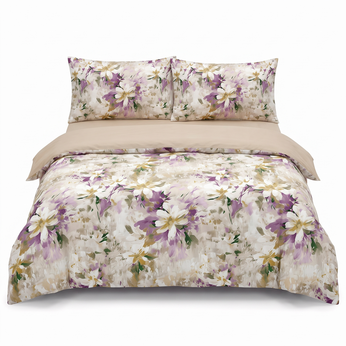 Lenjerie de pat din satin, 4 piese, cu elastic — Alb și crem cu flori