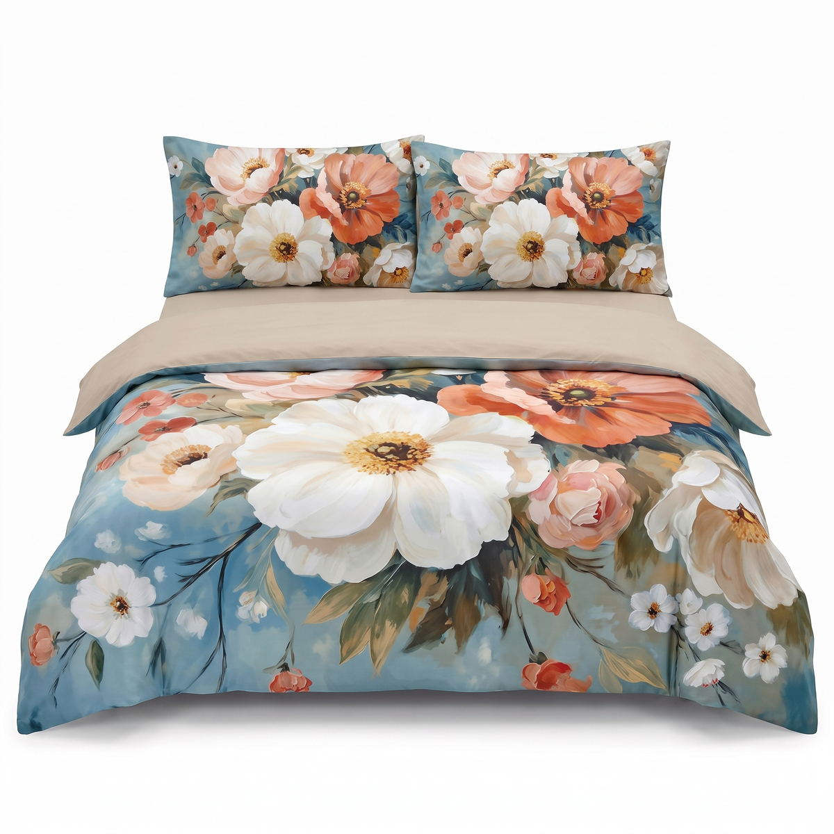 Lenjerie de pat din satin, 4 piese, cu elastic — Albastru și bej cu flori frumoase