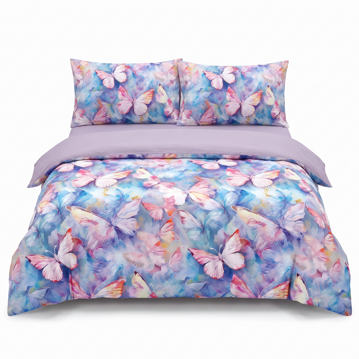 Lenjerie de pat din satin, 4 piese, cu elastic — Albastru și mov cu fluturi