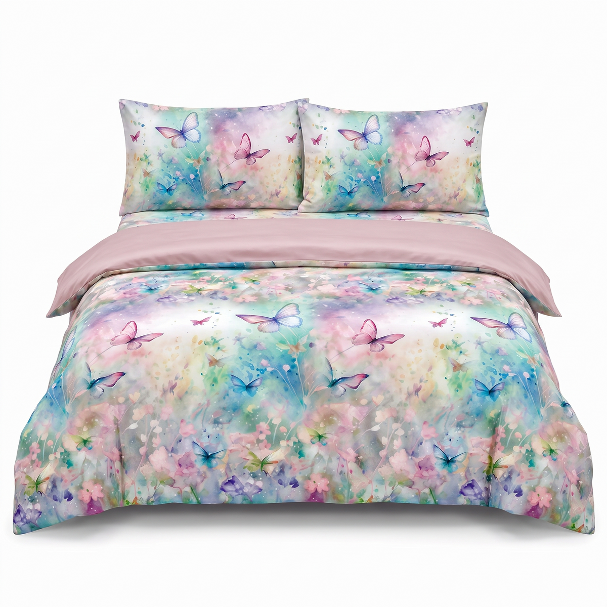 Lenjerie de pat din satin, 4 piese, cu elastic — Albastru și roz cu fluturi și floricele