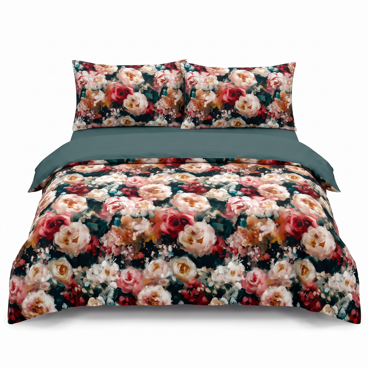 Lenjerie de pat din satin, 4 piese, cu elastic — Antracit cu trandafiri