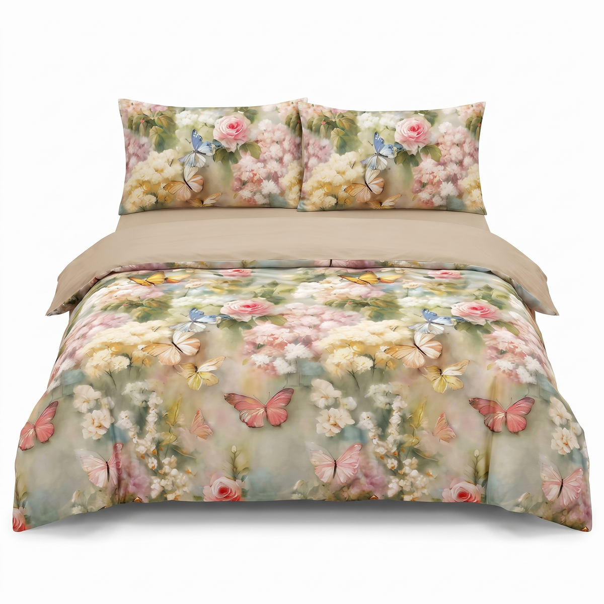 Lenjerie de pat din satin, 4 piese, cu elastic — Bej cu flori și fluturi