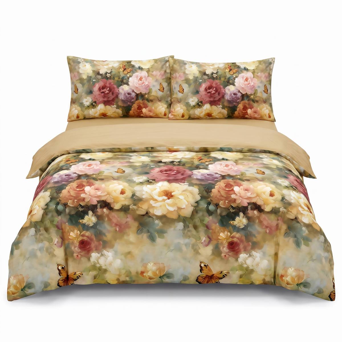 Lenjerie de pat din satin, 4 piese, cu elastic — Bej și verde cu model floral