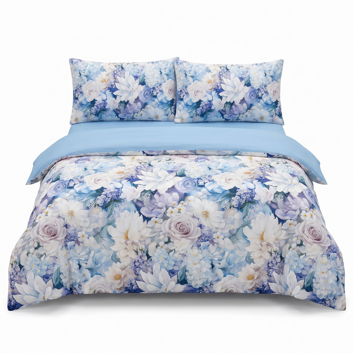Lenjerie de pat din satin, 4 piese, cu elastic — Bleu cu flori frumoase
