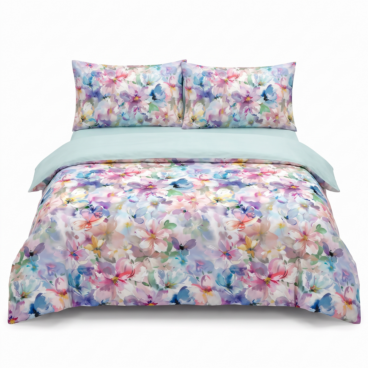 Lenjerie de pat din satin, 4 piese, cu elastic — Bleu cu floricele delicate