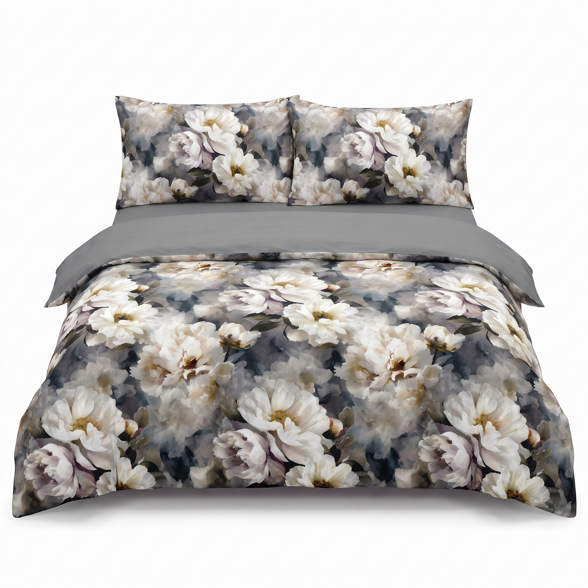 Lenjerie de pat din satin, 4 piese, cu elastic — Gri cu flori delicate
