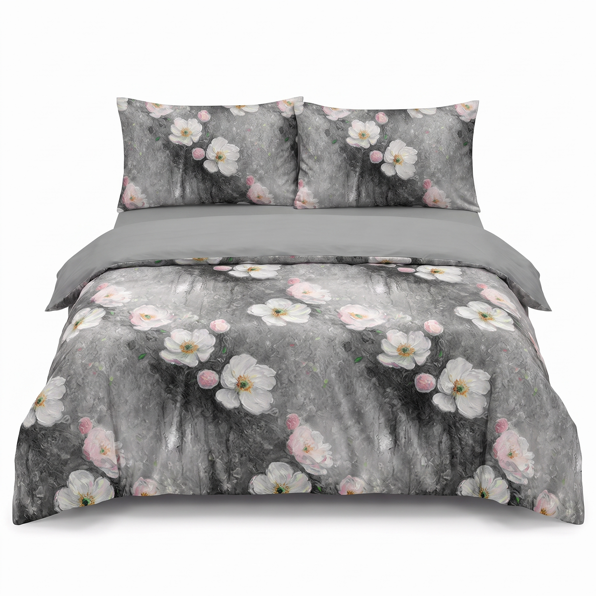 Lenjerie de pat din satin, 4 piese, cu elastic — Gri cu floricele