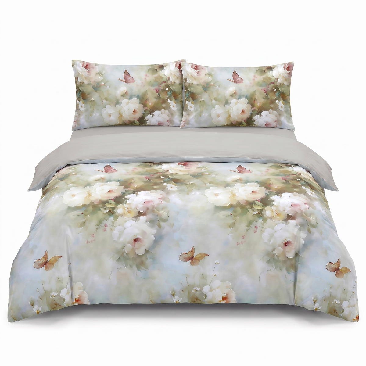Lenjerie de pat din satin, 4 piese, cu elastic — Gri cu floricele și fluturi