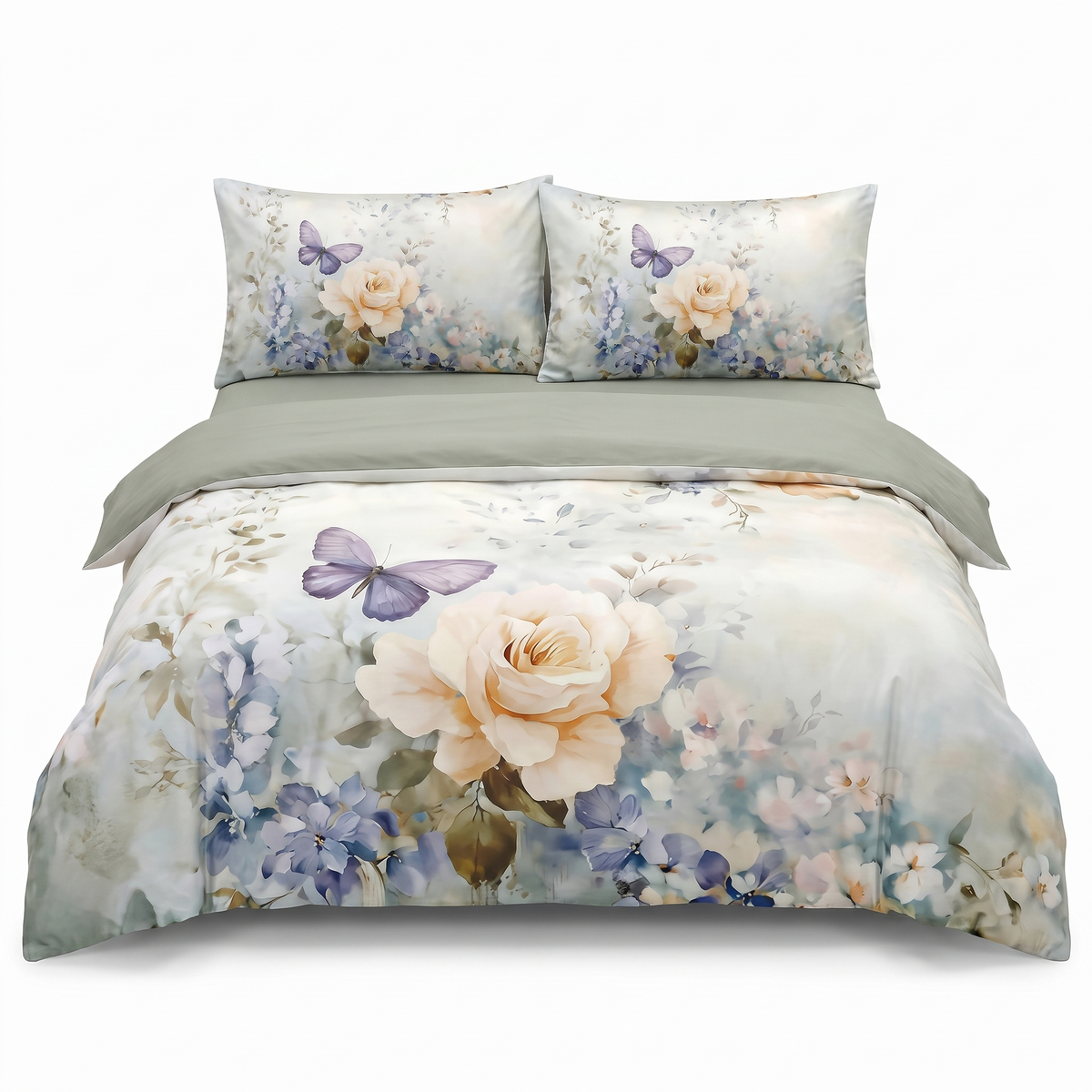 Lenjerie de pat din satin, 4 piese, cu elastic — Gri cu fluture și trandafir