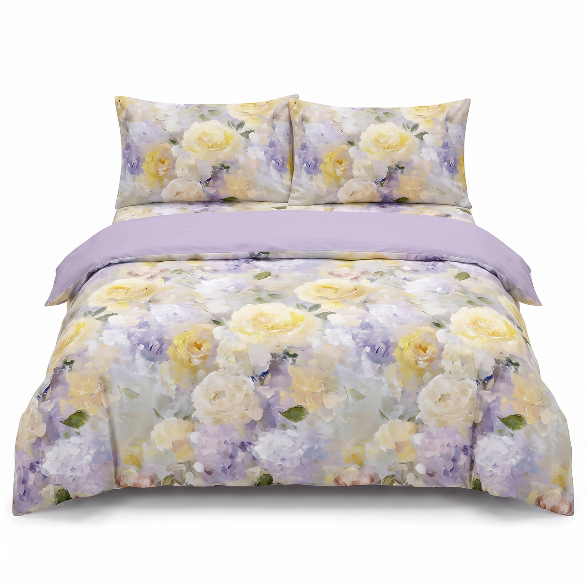 Lenjerie de pat din satin, 4 piese, cu elastic — Mov cu flori galbene