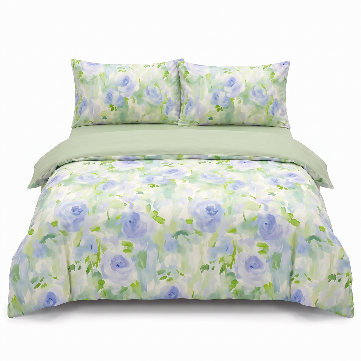 Lenjerie de pat din satin, 4 piese, cu elastic — Verde deschis cu model floral