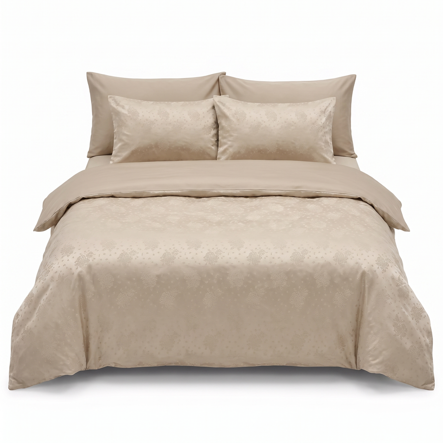 Lenjerie de pat din satin jacquard MARELDA CAPPUCINO – 6 piese — vedere din față