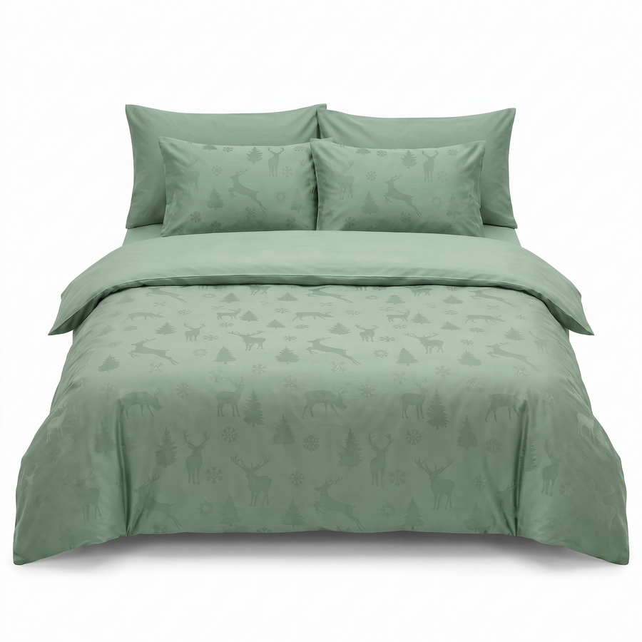 Lenjerie de pat din satin jacquard MIDAS GREEN – 6 piese — vedere din față